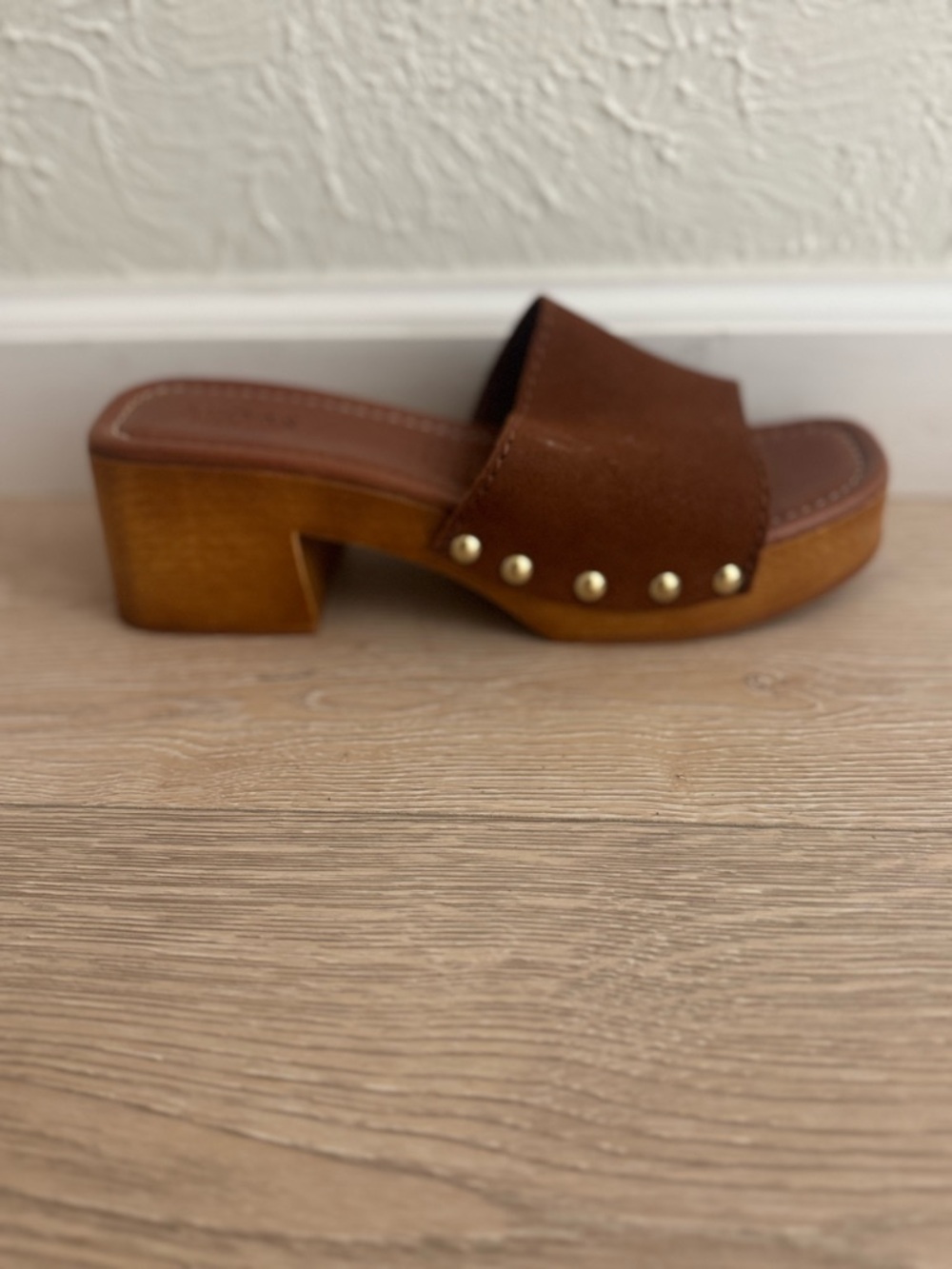 Brown Suede Platform Clog Slide with Stud Details